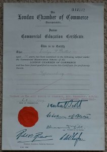 London Chamber of Commerce Junior Education Certificate for Typewriting 1929
