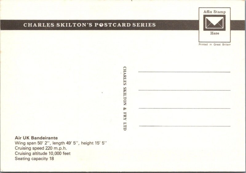 Aviation Postcard - Air UK Bandeirante Aeroplane. Unused RR21827