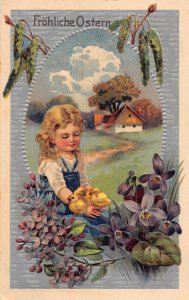 L226 Easter Greetings 1911 Girl chicks flowers embossed postcard