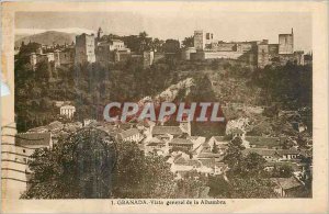 Postcard Old Granada Vista general of the Alhambra