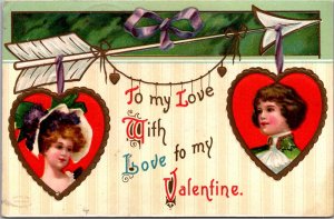 To My Love Valentine, Arrow, Man and Woman Embossed c1910 Vintage Postcard Y48