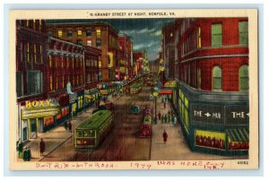 c1940s Granby Street at Night, Norfolk, Virginia VA Vintage Posted Postcard 