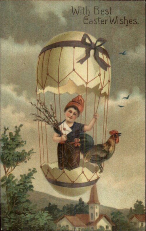 Easter  Boy Egg Shell Hot Air Balloon Fantasy w/ Chicken Embossed Postcard PFB