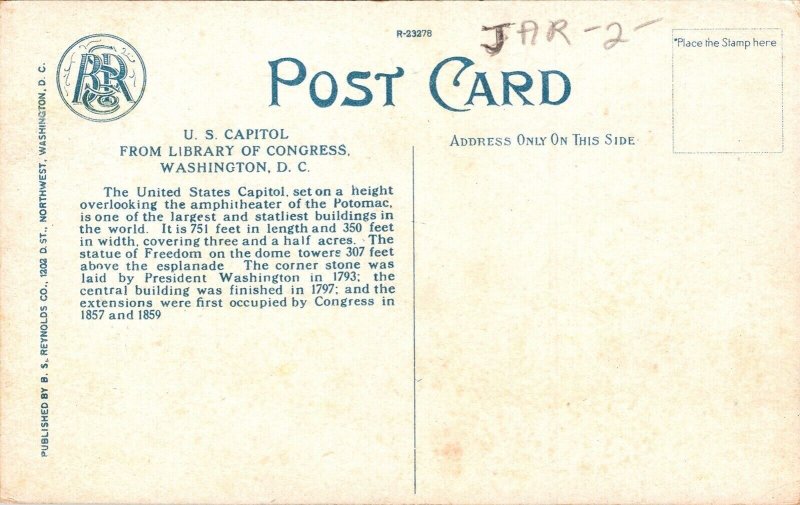 US Capitol Library Congress Washington DC Postcard UNP Unused VTG Reynolds 