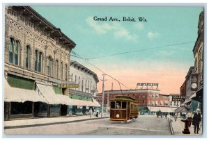 c1910 Trolley Car, Bank, Jeweler, Grand Ave. Beloit Wisconsin WI Postcard