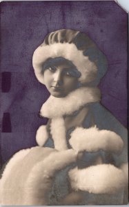 VINTAGE POSTCARD REAL PHOTO RPPC YOUNG LADY FUR-LINED OUTFIT c. 1910 corner chip