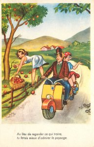 Risque Humor Postcard Guy On Moped Scooter Admires Woman Bending Over 376