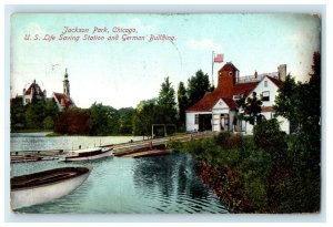 1909 Jackson Park Chicago IL, U.S Life Saving Station German Building Postcard