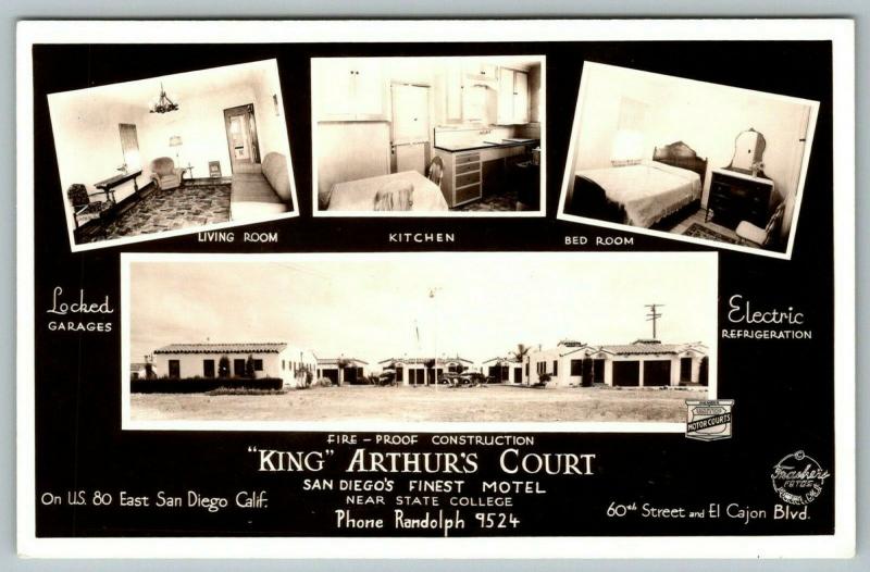 San Diego CA~King Arthur's Court~Roadside Motel~Mini Views~Inside Out~1940s RPPC 