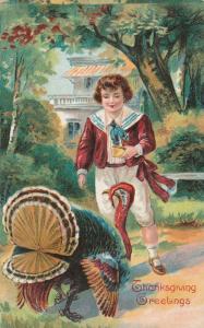 Thanksgiving Greetings - Handsome Boy with Turkey - DB