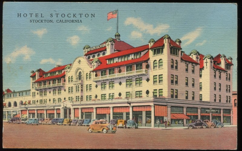 Hotel Stockton, Stockton, California. 1943 Curt Teich linen postcard. Old autos