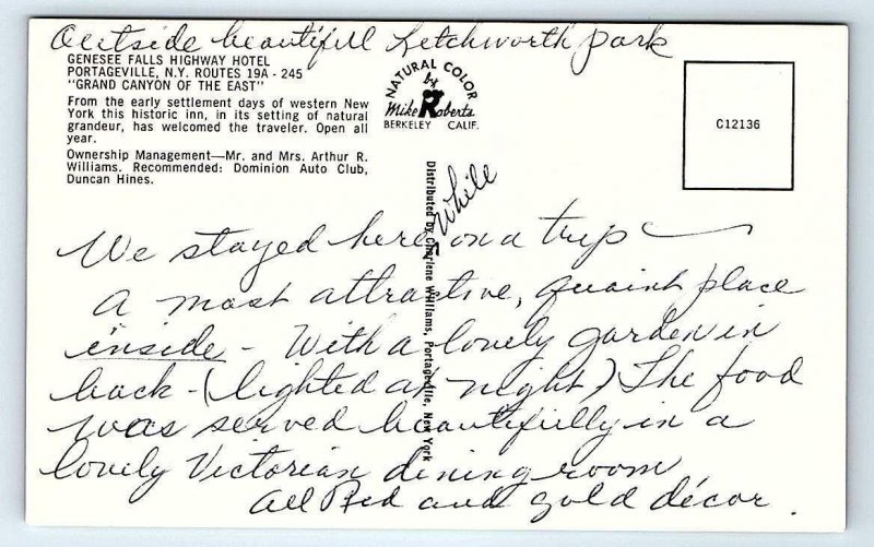 PORTAGE FALLS, NY New York ~ GENESEE FALLS HOTEL  c1950s Roadside  Postcard