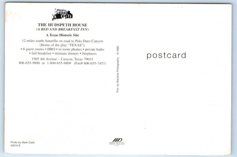 CANYON, Texas TX ~ Bed & Breakfast HUDSPETH HOUSE 1995 ~ 4x6 Postcard