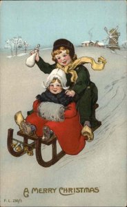 Christmas Little Girls Dutch Sisters Sledding c1910 Vintage Postcard