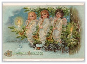 Christmas Greetings Postcard Continental Size c1976 Postmark Angels Blowing Horn