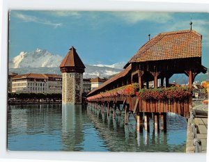 Postcard Chapel bridge with Water Tower and Mt. Pilate, Lucerne, Switzerland