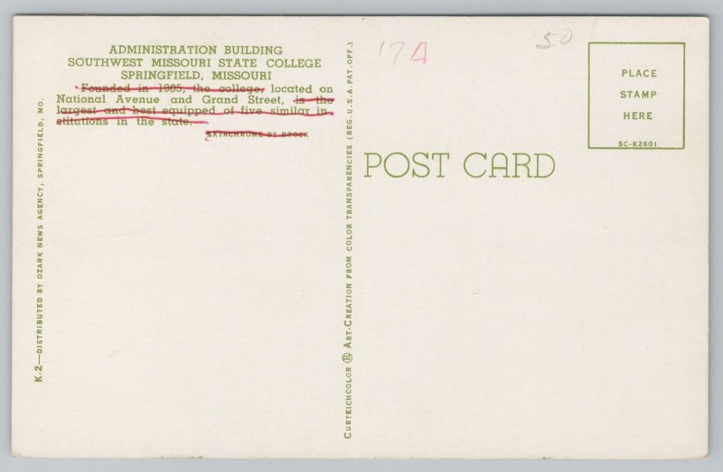 Springfield Missouri~Administration Building State College~Vintage Postcard