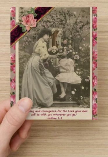 Postcard Set of 6, Bible Verse, Joshua 1:9 French Lady and Daughter in Garden