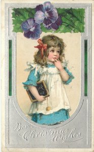 Embossed Christmas Postcard Little Girl With Chalkboard S/A Frances Brundage