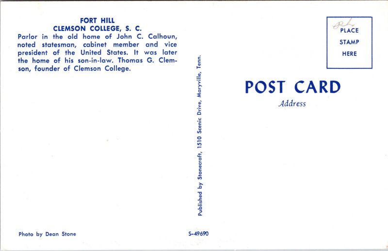 VINTAGE POSTCARD FORT HILL CLEMSON COLLEGE SOUTH CAROLINA