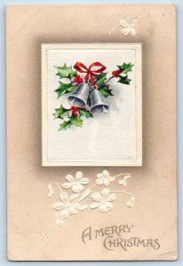 Christmas Postcard Bells And Holly Berries Flowers Embossed Lunenburg MA 1912