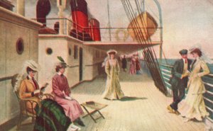 Vintage Postcard 1909 Ferryboat Deckchair on Ocean Ship Steamer Artwork Painting