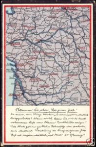 france, Paris Reims Orleans MAP Postcard WWI (1915)