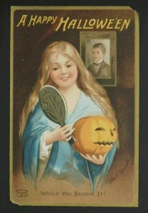 1909 Halloween Postcard Lady Holding Lack-O'-Lantern Staring into Mirror