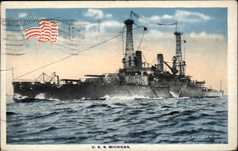 US Navy Battleship USS Michigan & American Flag 1917 Used Postcard