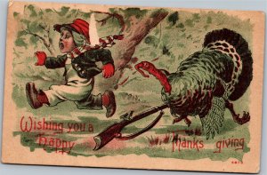 Postcard Thanksgiving Boy dropped gun chased by turkey