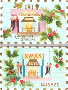 2~ca1910's HOLIDAY GREETING Postcards CHRISTMAS & XMAS WISHES Stockings/Mantle