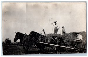1914 Farming Haying Horse Wagon Farmers Unposted Antique RPPC Photo Postcard