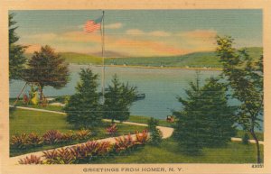 Greetings from Homer NY, New York - Swing Set, Flag, Dock on Lake - Linen