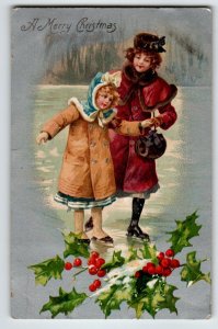 Christmas Postcard Mother And Child Girl Ice Skating Holly Leaves 1906 Undivided