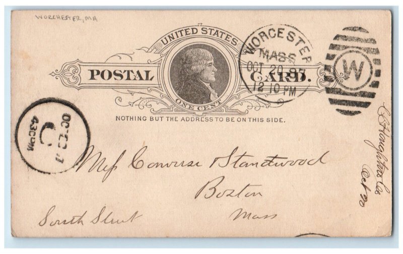 1887 Converse Standwood Worchester MA Boston MA Entered Stamp Postal Card
