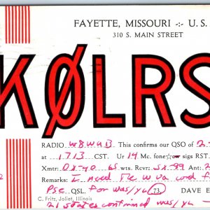 1959 Fayette, MO Dave Ellerman Amateur Ham CB Radio DX40 QSL Postcard K0LRS A209