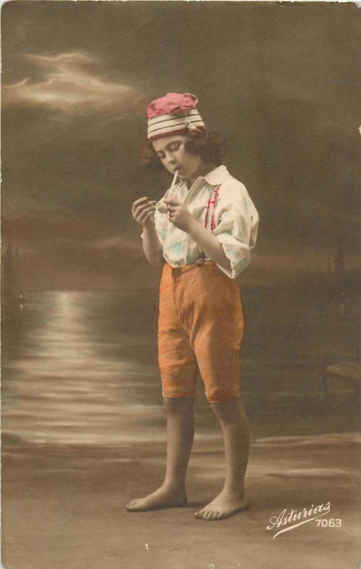 Children smoking pipe postcards