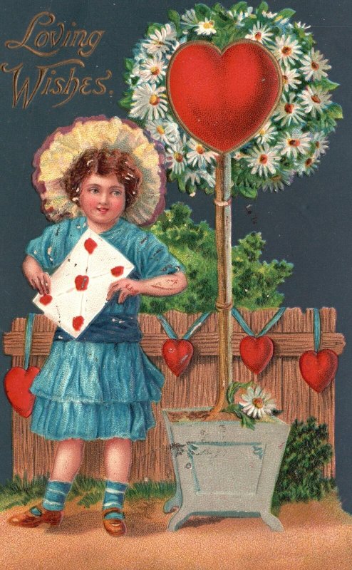 ​Vintage Postcard 1910s Loving Wishes Beautiful Girl w/ Hearts Envelope Greeting