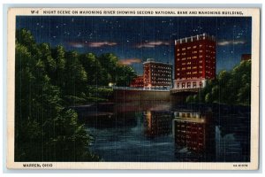 1944 Night Scene Mahoning River & Bldg. Second National Bank Warren OH Postcard