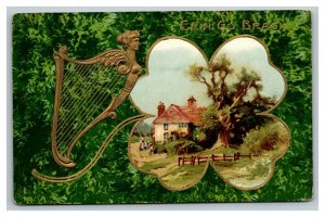Vintage 1910's Winsch St. Patrick's Day Postcard Gold Harp 4 Leaf Clover NICE