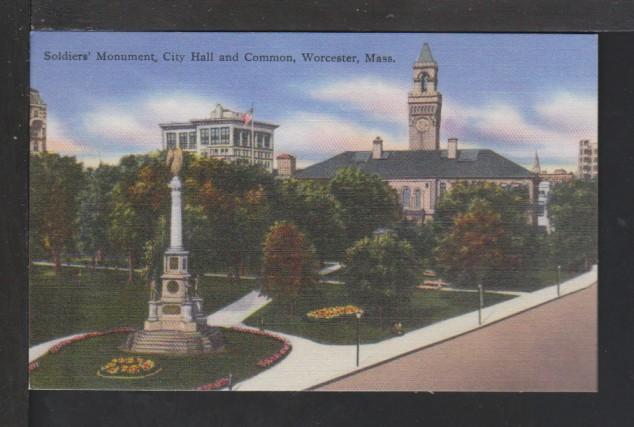 Soldier's Monument,City Hall,Commons,Worcester,MA Postcard 