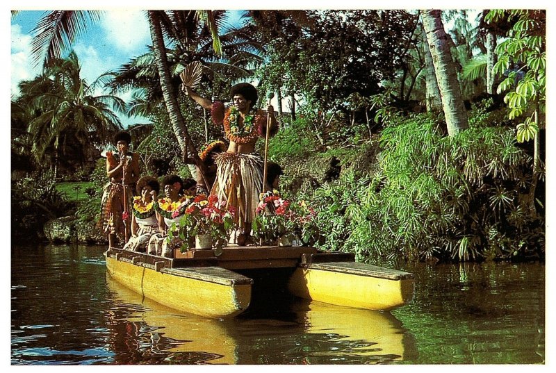 Fijian Performers In Leis Drifting Through Canal On Long Canoe Hawaii Postcard