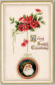 Vintage Embossed Christmas Postcard Santa Poinsettia Printed in Germany H76