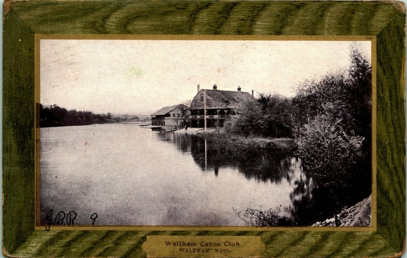 Vtg Postcard 1910s Waltham Canoe Club Massachusetts Ullman's Frame Series Wood