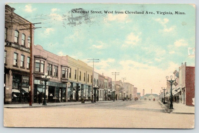 Virginia Minnesota~Chestnut Street~Hotel Europea~Barber Shop~Grand~1909 Postcard