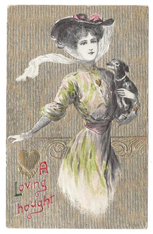 Valentine Postcard Beautiful Woman Dog Embossed Gold Moire