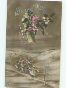 tinted rppc c1910 AIRPLANE WITH FLOWERS AC8988