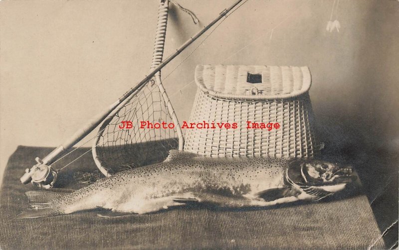Unknown Location, RPPC, Rainbow Trout, Fishing Pole, Net & Wicker Basket |  Other / Unsorted, Postcard