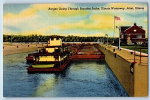 c1940's Barges Through Brandon Locks Illinois Waterway Joliet Illinois Postcard