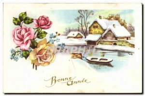 Old Postcard Happy New Year Flowers